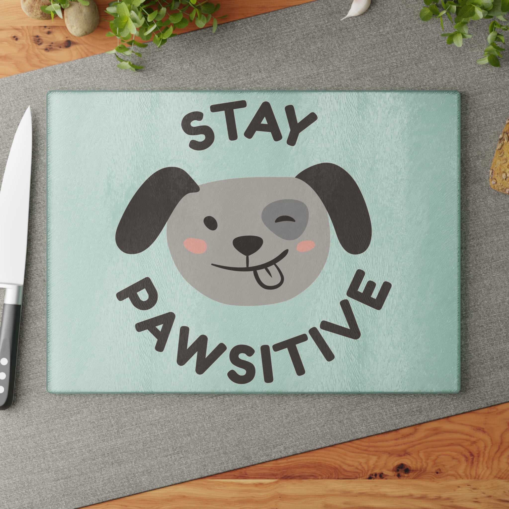Glass Cutting Board - Mint Paw Print & Fishbone Pattern