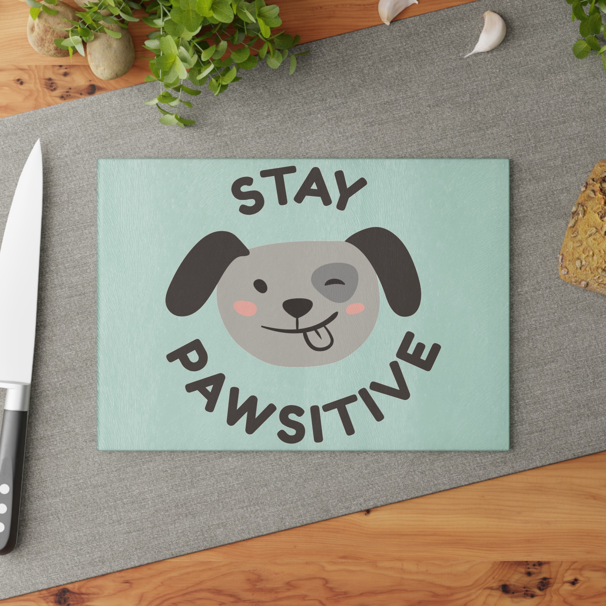 Glass Cutting Board - Mint Paw Print & Fishbone Pattern